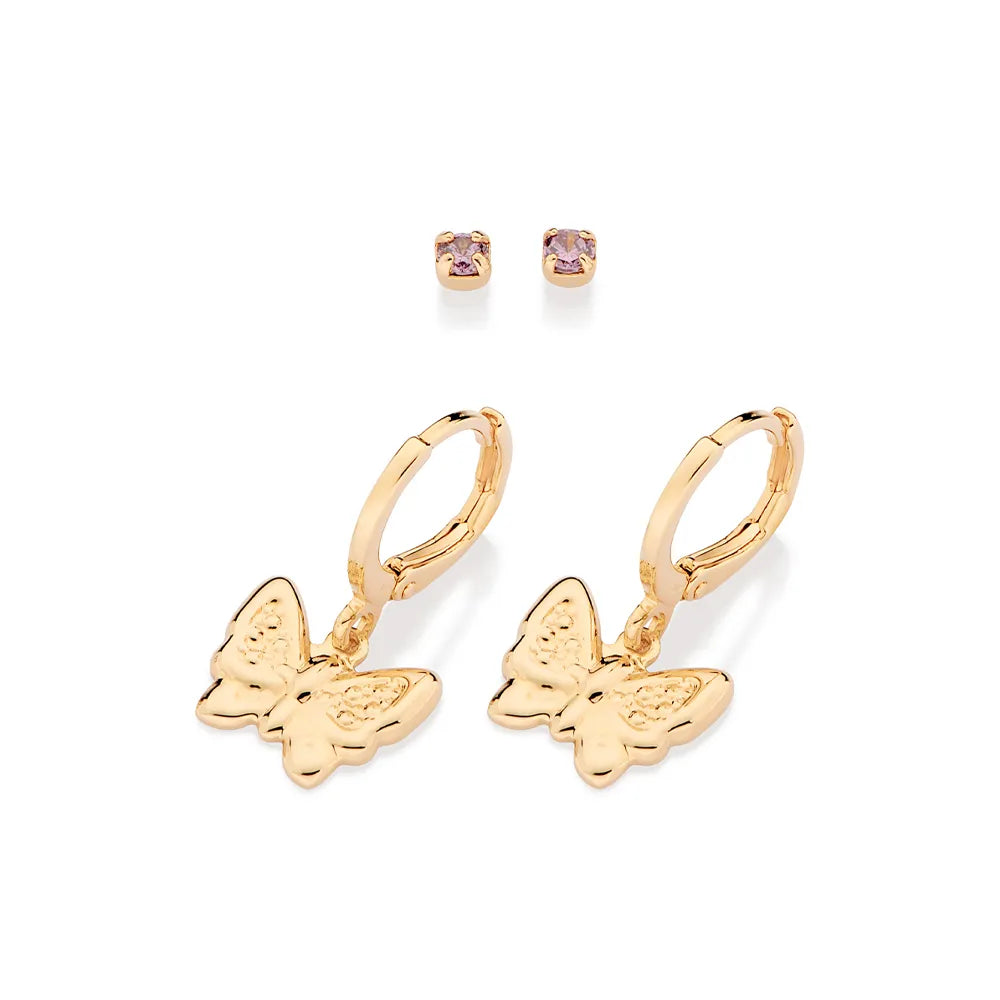 KIT BRINCO SOLITÁRIO E ARGOLA COM BORBOLETA BANHADO A OURO 18K COM ZIRCÔNIAS - TAM.ÚNICO 5274320085