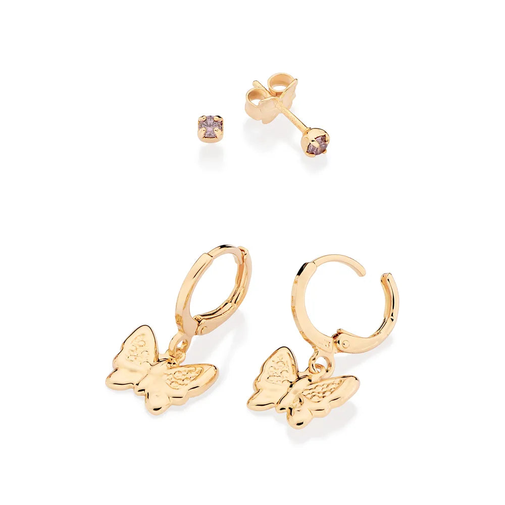 KIT BRINCO SOLITÁRIO E ARGOLA COM BORBOLETA BANHADO A OURO 18K COM ZIRCÔNIAS - TAM.ÚNICO 5274320085