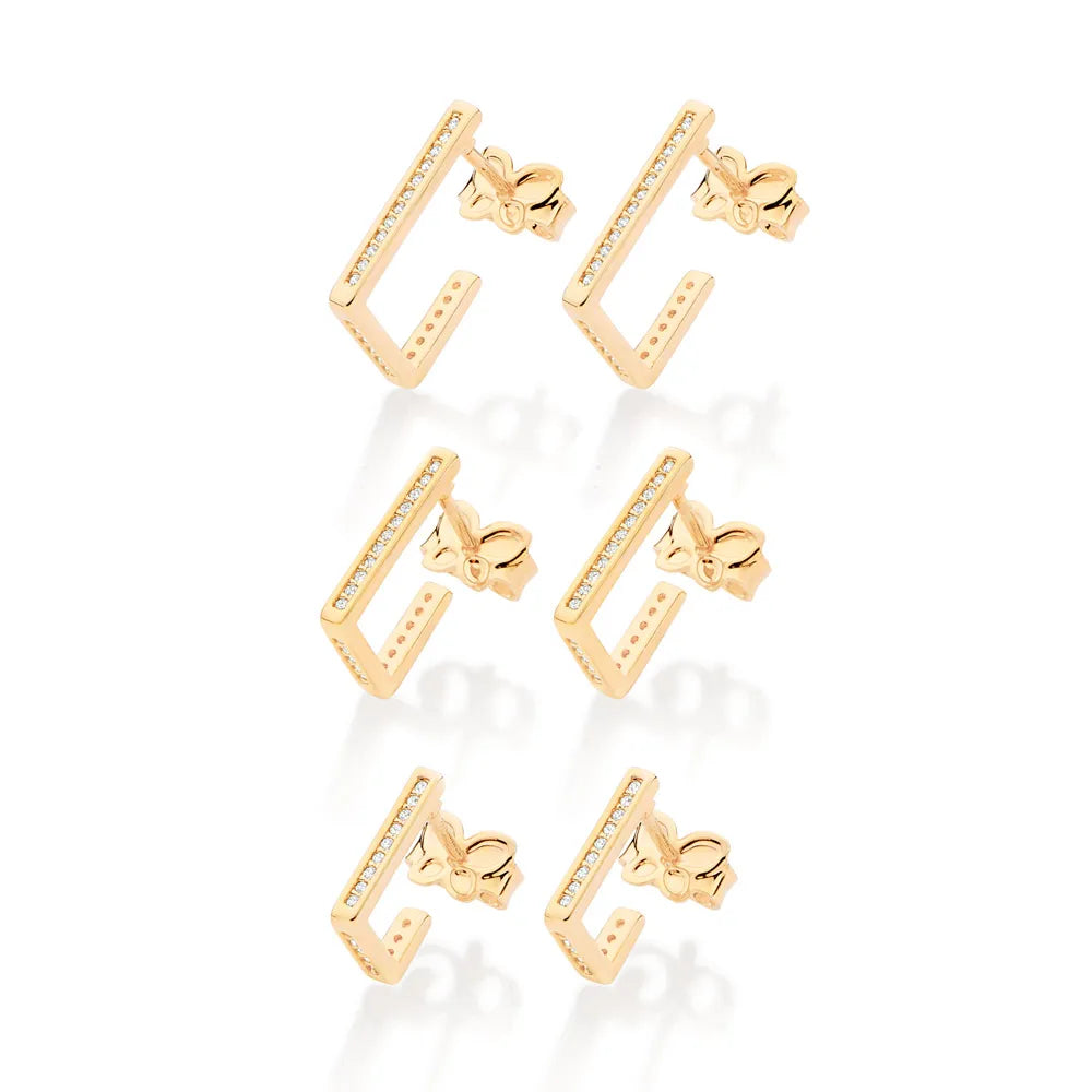 KIT BRINCO ARGOLA RETANGULAR BANHADO A OURO 18K COM ZIRCÔNIAS - TAM.ÚNICO 5274070006