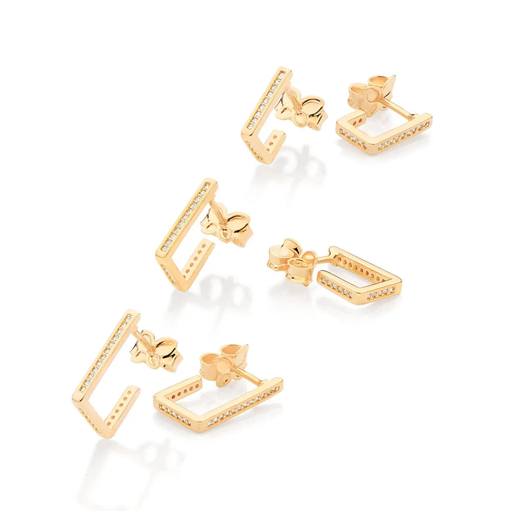 KIT BRINCO ARGOLA RETANGULAR BANHADO A OURO 18K COM ZIRCÔNIAS - TAM.ÚNICO 5274070006