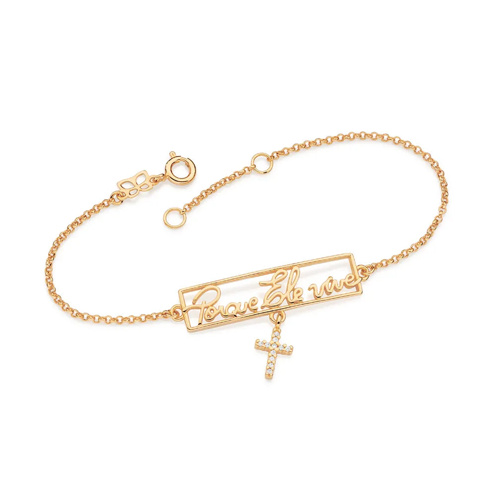 PULSEIRA COM FRASE PORQUE ELE VIVE E CRUZ BANHADA A OURO 18K COM ZIRCÔNIAS - TAM.19 5521761906