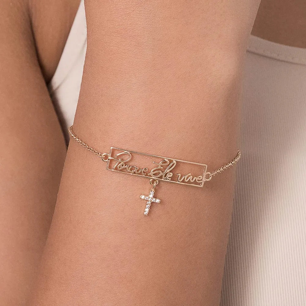 PULSEIRA COM FRASE PORQUE ELE VIVE E CRUZ BANHADA A OURO 18K COM ZIRCÔNIAS - TAM.19 5521761906