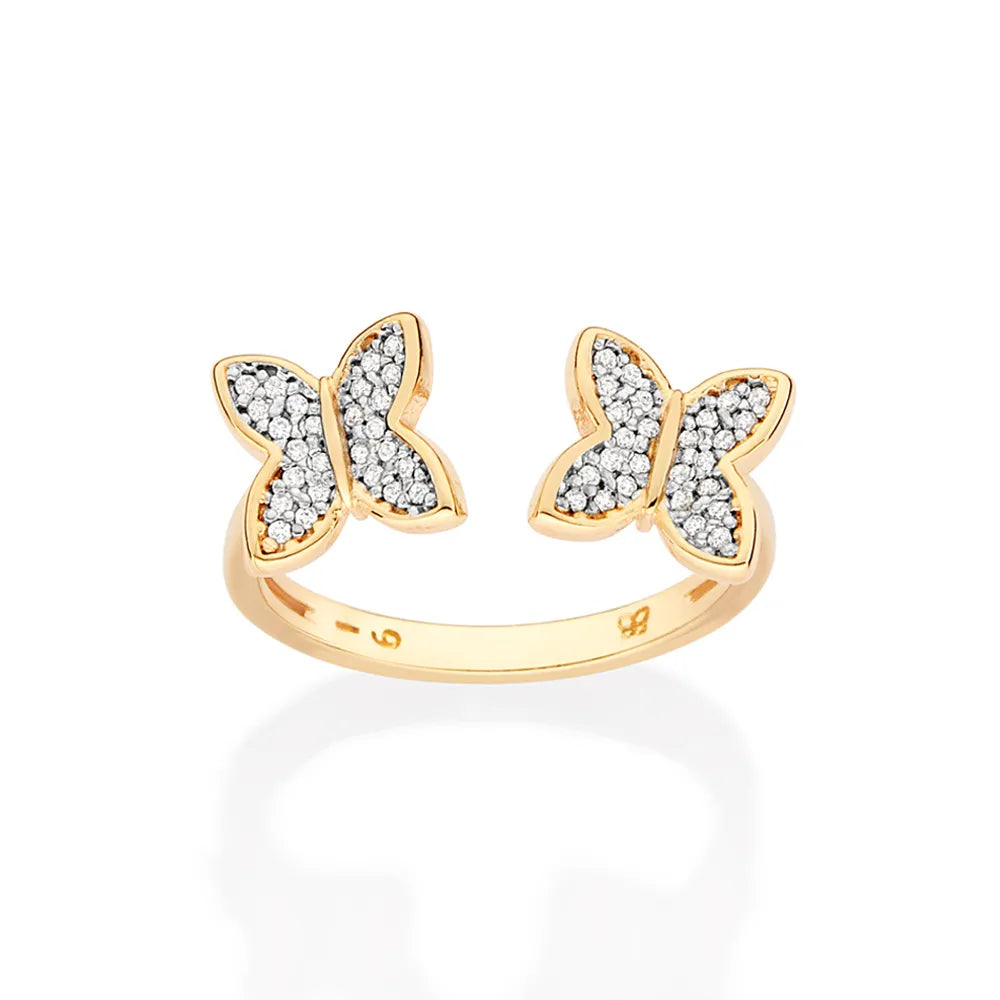 ANEL AJUSTÁVEL BORBOLETAS BANHADO A OURO 18K COM ZIRCÔNIAS E APLICAÇÃO DE RHODIUM 5135651406