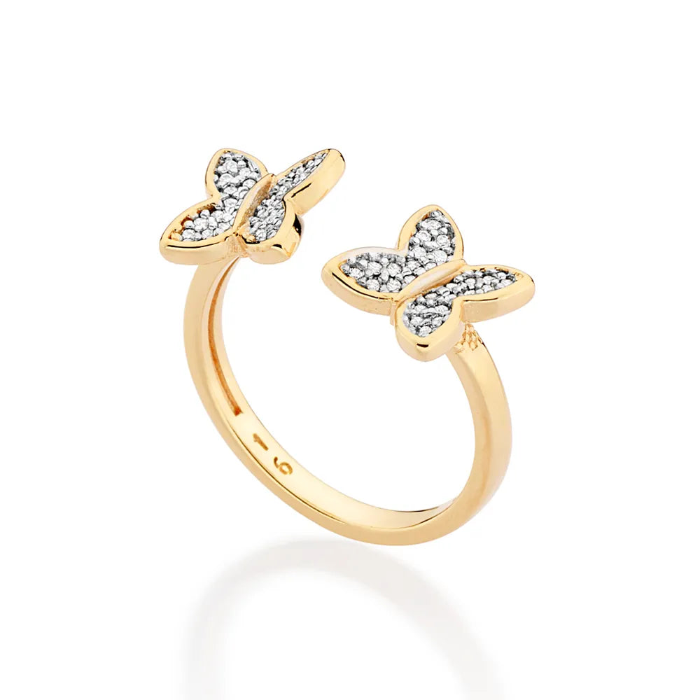 ANEL AJUSTÁVEL BORBOLETAS BANHADO A OURO 18K COM ZIRCÔNIAS E APLICAÇÃO DE RHODIUM 5135651406