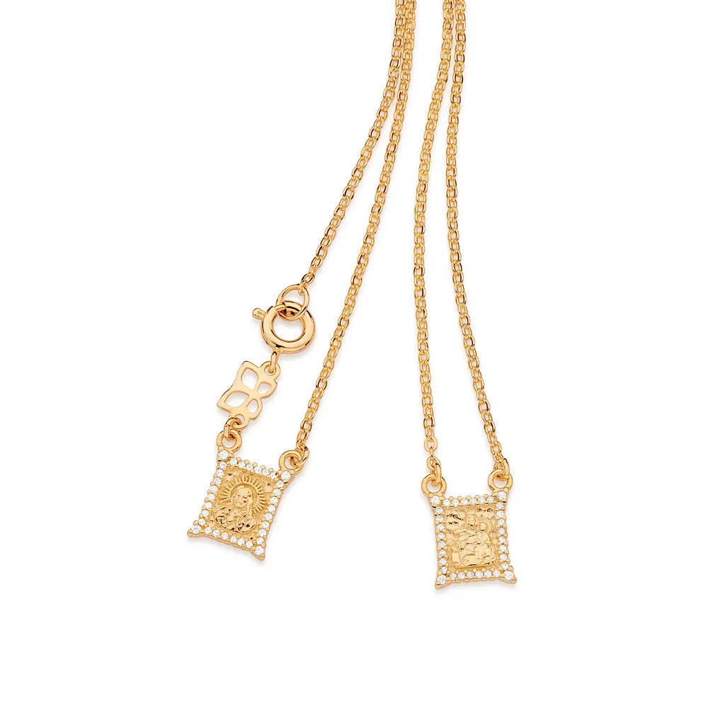 ESCAPULÁRIO CORAÇÃO DE JESUS E NOSSA SENHORA DO CARMO BANHADO A OURO 18K COM ZIRCÔNIAS - TAM.50 5325285006